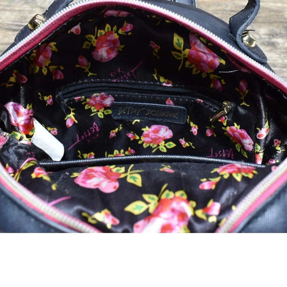 Betsey Johnson Polka Dot Mini Backpack Black White Floral Lining Scallop Trim